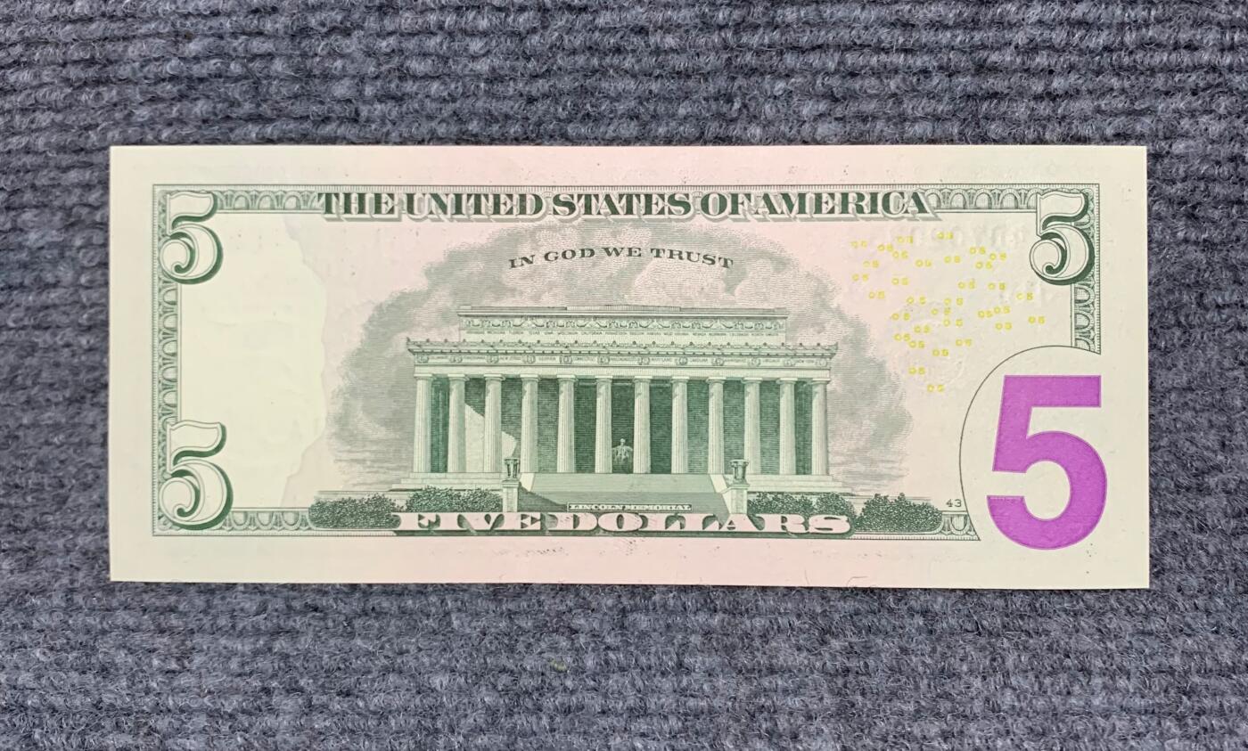 2017A年版美国5美元纸币 林肯头像 全新未流通（年份号、双喜号）