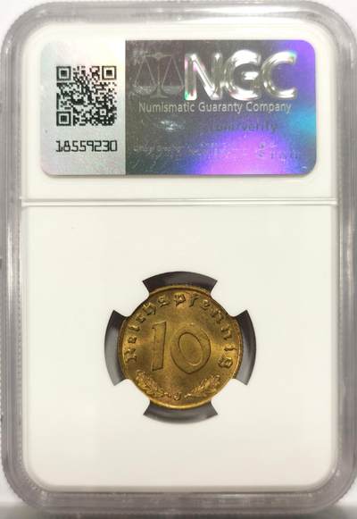 博洋堂世界钱币拍卖第154期（全场包邮） NGC MS64 德国第三帝国1937年J版10芬尼铜币，仅有2枚更高分