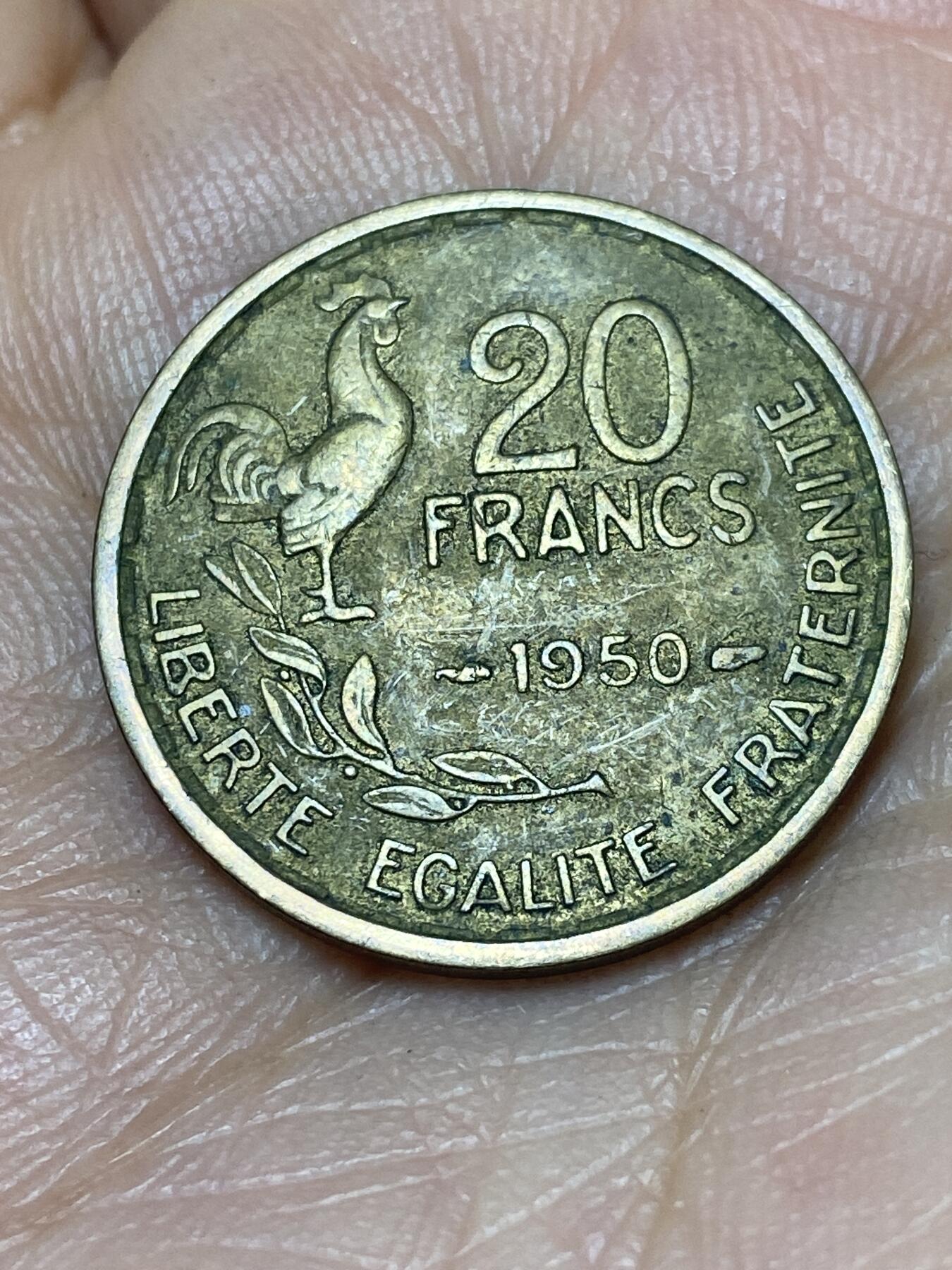2025年第一百四十场(总第一百六十六场）外国好品散币场(免佣金) 法兰西第四共和国1950年20法郎(头像后单排字首发年，4羽版)