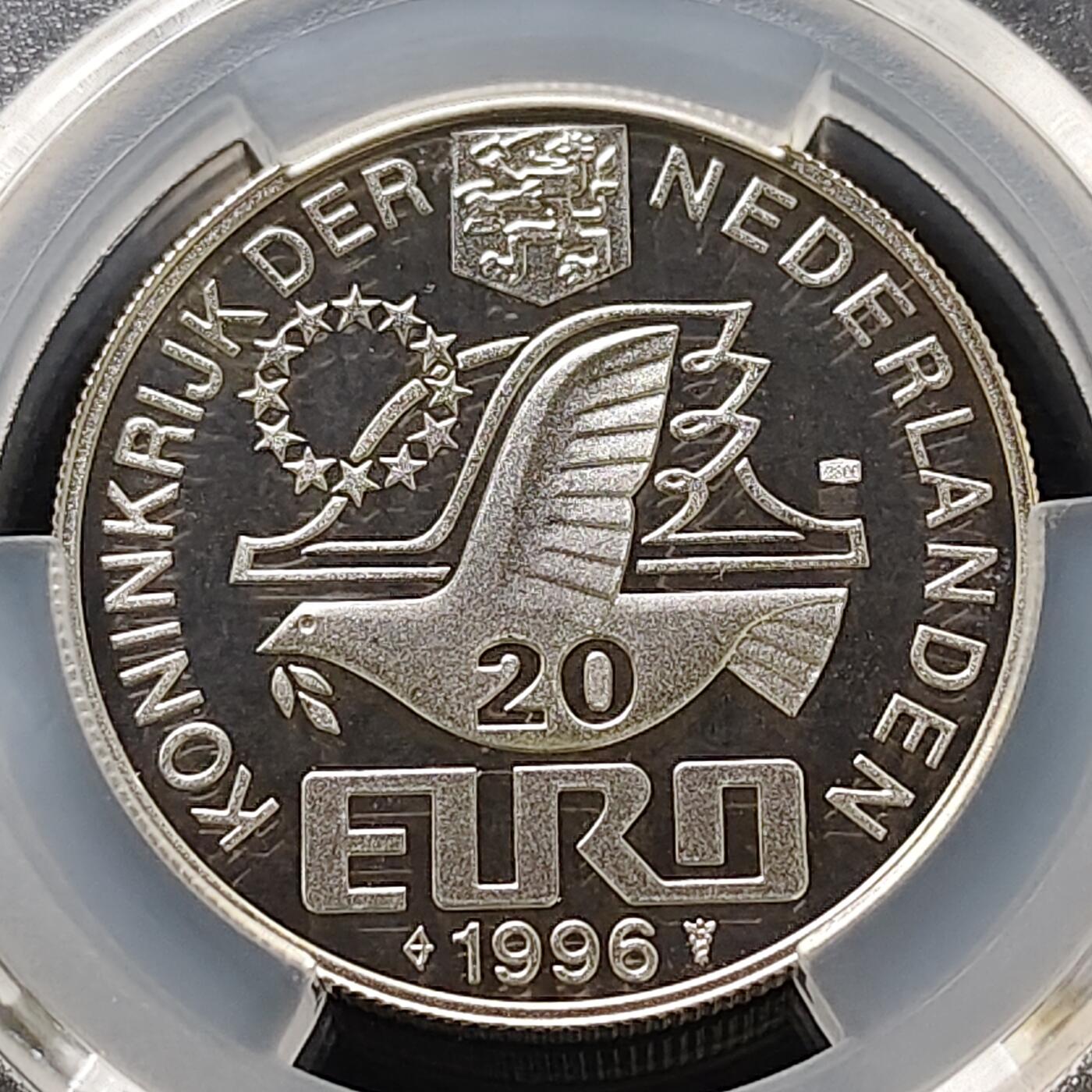 【全场包邮】纯粹捡漏拍489场（免费代拍第26场） 【收藏级·冠军分】荷兰1996年20欧诗人惠更斯诞生400周年精制纪念银币-PCGS PL68