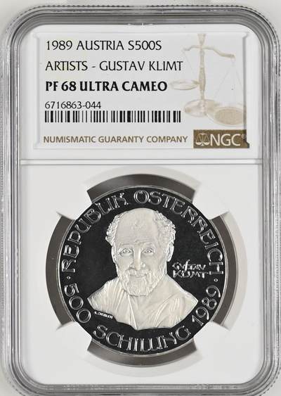 长老汇蛇年精选第八十七场拍卖 - 1989 奥地利艺术家系列之克里姆特500先令精制银币，NGC PF68UC，唯一亚军分，更高分仅有2枚
