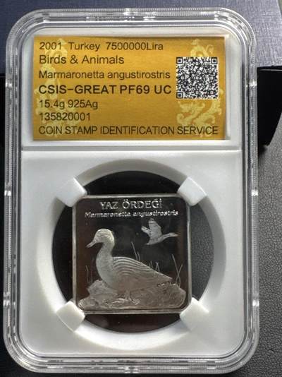 ❤️【币观天下】❤️ 第336期钱币拍卖- 2025.12.26周五晚上6点半场-长期征集拍品 - 土耳其2001年鸟类750万里拉方形纪念银币6陆鸭