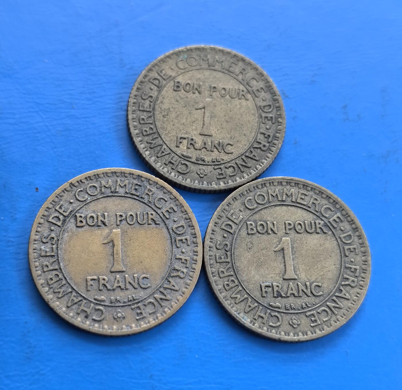 外国优质老铜币高银银币，周六九点倒数截拍，满百包邮，持续收拍 法国1921年-1924年商务部1法郎3枚
