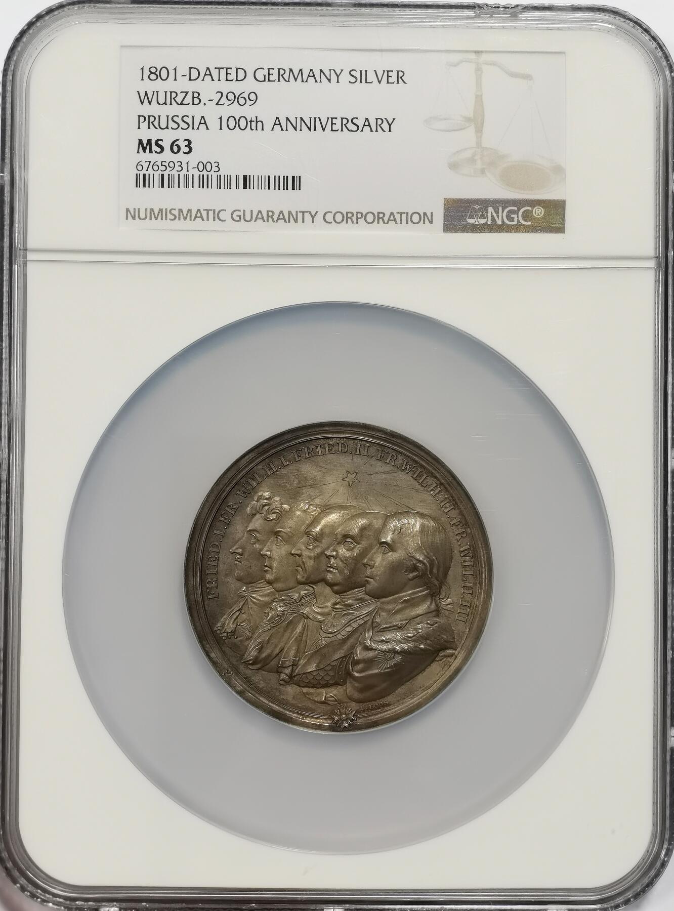 博洋堂世界钱币拍卖第154期（全场包邮） NGC MS63 冠军分！1801年普鲁士建国100周年纪念大银章，56mm规格，正反面超高浮雕模板！背面阿波罗驾马车及女神祝福经典构图。该银章难度在于背面女神们的开脸模板度。同分状态下该枚都是精度最高的一枚！相当于early release！