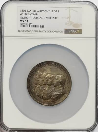 博洋堂世界钱币拍卖第154期（全场包邮） - NGC MS63 冠军分！1801年普鲁士建国100周年纪念大银章，56mm规格，正反面超高浮雕模板！背面阿波罗驾马车及女神祝福经典构图。该银章难度在于背面女神们的开脸模板度。同分状态下该枚都是精度最高的一枚！相当于early release！