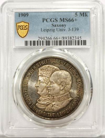 博洋堂世界钱币拍卖第154期（全场包邮） - PCGS MS66+ 德国萨克森1909年莱比锡大学纪念5马克银币，超高分，炫彩，类似PL的镜面底板，状态太好了！