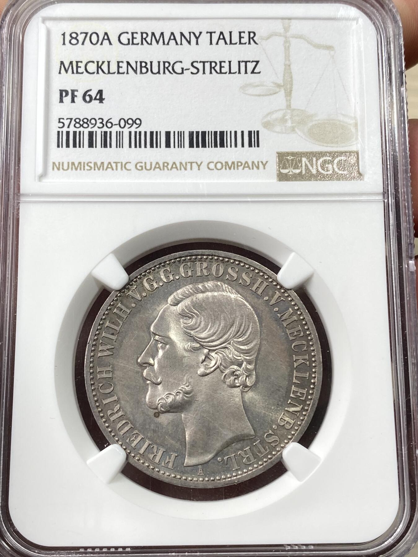 万国钱币拍卖第058期（万国新年大拍） NGC PF64 1870年德国梅克伦堡-施特雷利茨精制泰勒 罕见小邦精制品种 极具特色的纹章设计 原味入骨香槟色五彩环绕 顶级收藏品质