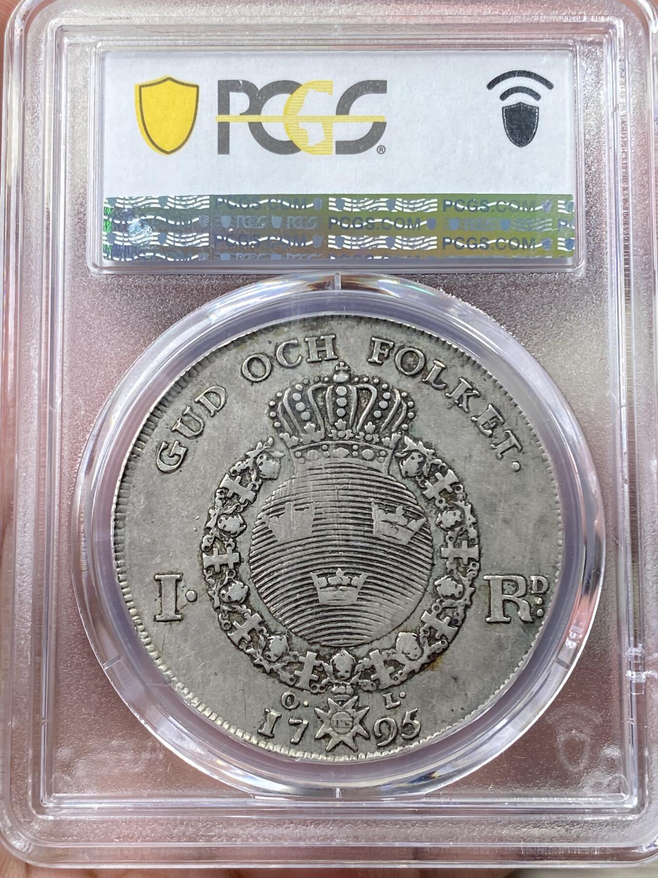 万国钱币拍卖第058期（万国新年大拍） PCGS AU50 1795年瑞典王国古斯塔夫四世阿道夫1RD大银 背面年份上OL为斯德哥尔摩铸币局局长Olof Lidijn签名 早期北欧王国大银难得 PC亚军分更高仅一枚 Richard August名家旧藏