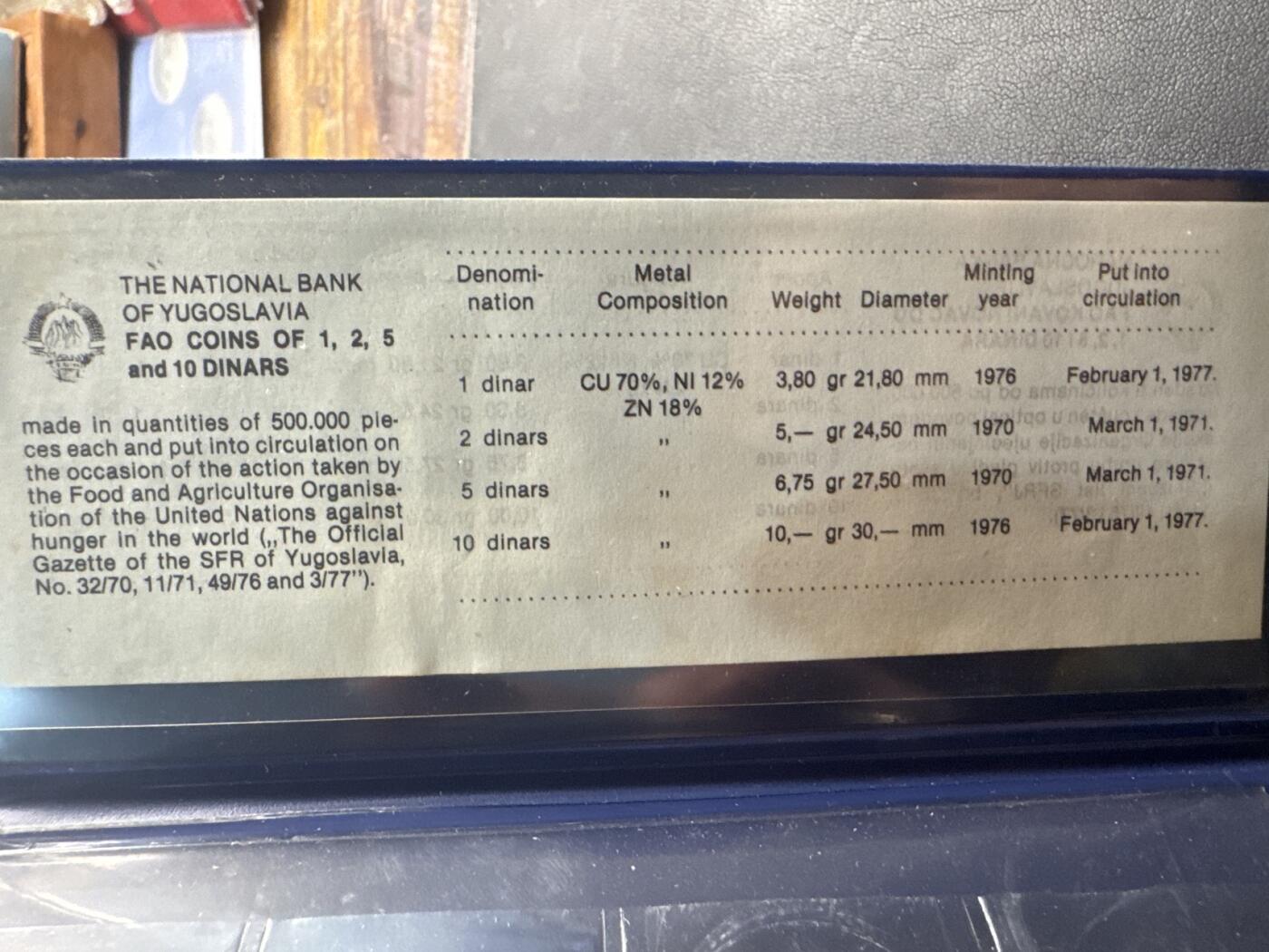 ❤️【币观天下】❤️ 第336期钱币拍卖- 2025.12.26周五晚上6点半场-长期征集拍品 南斯拉夫1970-76年FAO流通纪念币4枚一套官方原装册子带证书