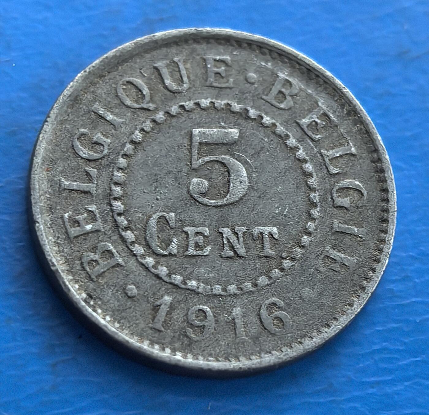 外国优质老铜币高银银币，周六九点倒数截拍，满百包邮，持续收拍 1916 年比利时 5 分锌币，一战战时铸币，背刻立狮国徽，包浆载岁月，藏欧陆战史与国家象征，战时货币收藏特色标 。