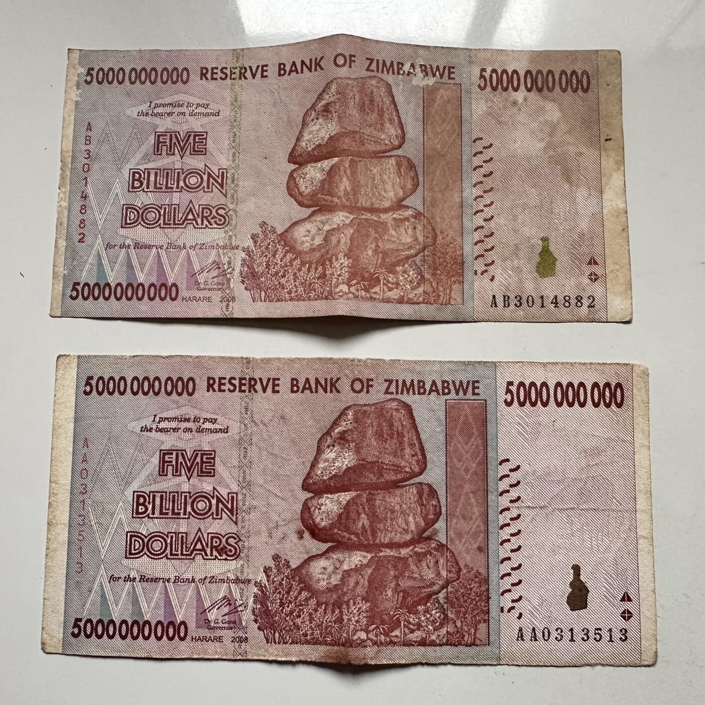 🌹外币初藏🌹🐯2025年第145场  每周二四六晚8️⃣点 接代拍 津巴布韦2008版50亿2张 —9