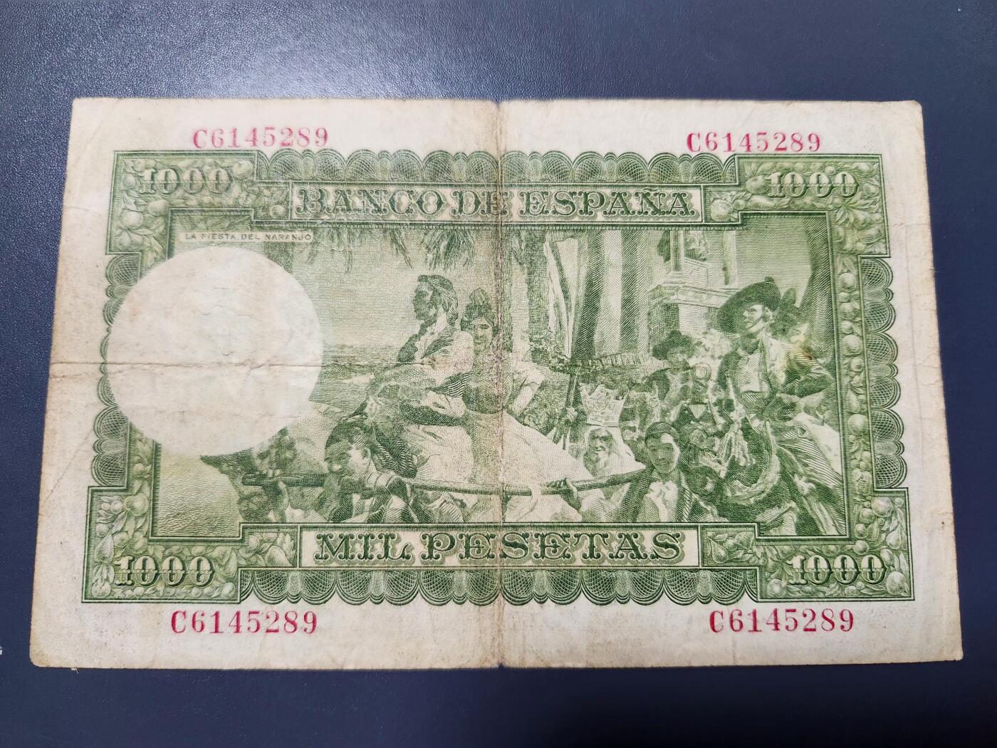 12月24号晚上8点 外国纸币自动截拍第76场 西班牙1000比塞塔 1951年版 
