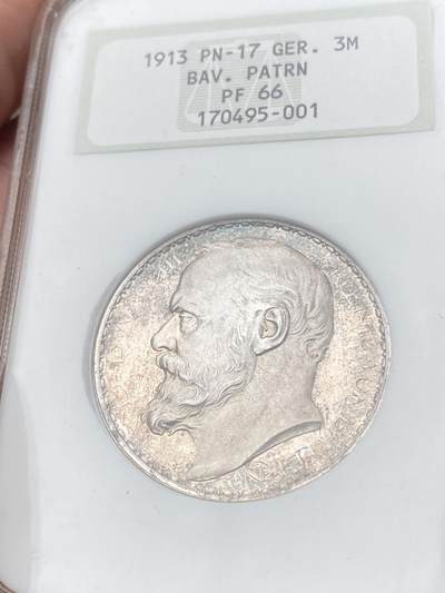 万国钱币拍卖第058期（万国新年大拍） NGC PF66 1913巴伐利亚路德维希三世3马克银样币 卡尔哥茨作品 罕见银质版 镜面喷砂天鹅绒彩 NGC老白盒状态舒适 一步到位的GEM品相