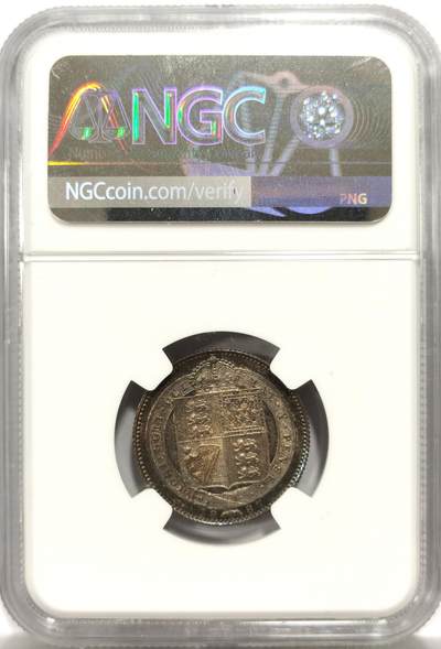 博洋堂世界钱币拍卖第154期（全场包邮） NGC MS61 英国1887年维多利亚女王高冠1先令银币，原汁原味老五彩，包浆醇厚。味道绝，人物，头像，图案栩栩如生，小巧精致，孔雀蓝五彩包浆。