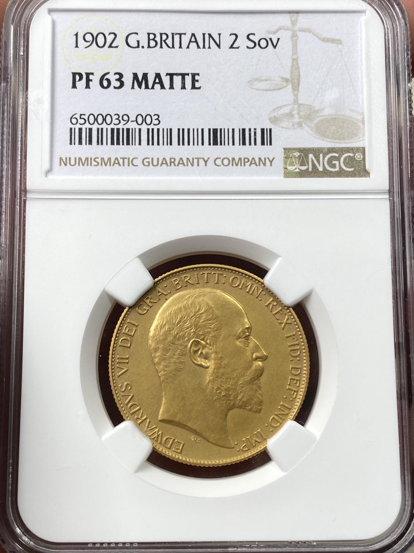 万国钱币拍卖第058期（万国新年大拍） NGC PF63 1902年英国爱德华七世精制2索维林金币 丝滑精制磨砂MATTE工艺使币面散发出柔和舒适的光泽 15.98g 917金