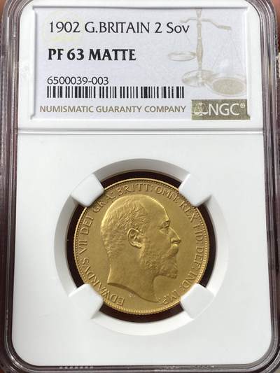 万国钱币拍卖第058期（万国新年大拍） - NGC PF63 1902年英国爱德华七世精制2索维林金币 丝滑精制磨砂MATTE工艺使币面散发出柔和舒适的光泽 15.98g 917金