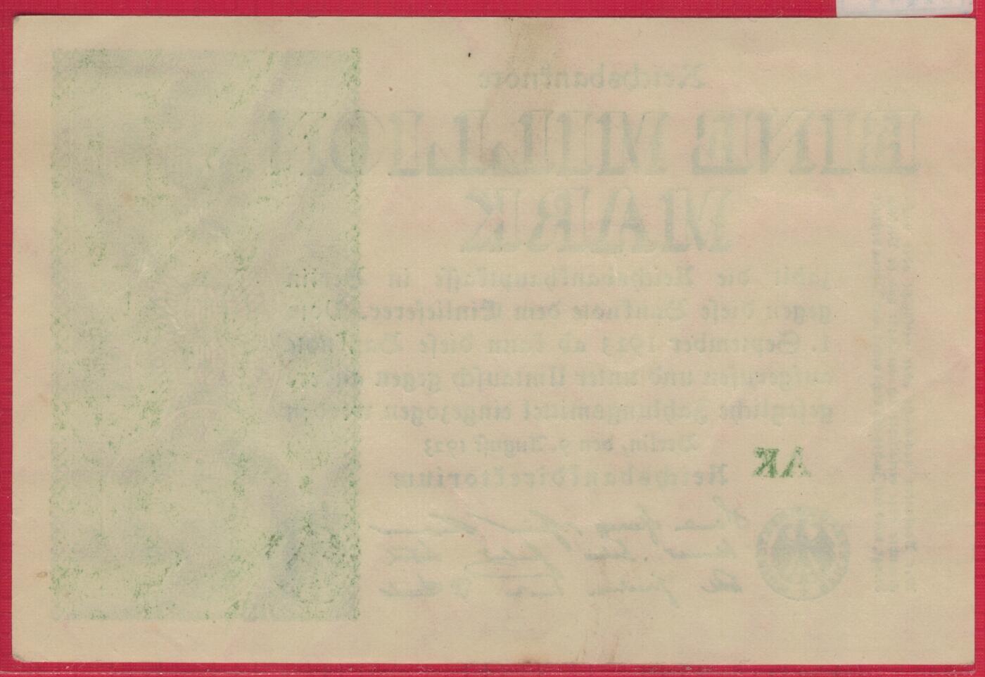 德国1923年1000000马克(100万马克) P-102a E型水印 实物图 UNC-