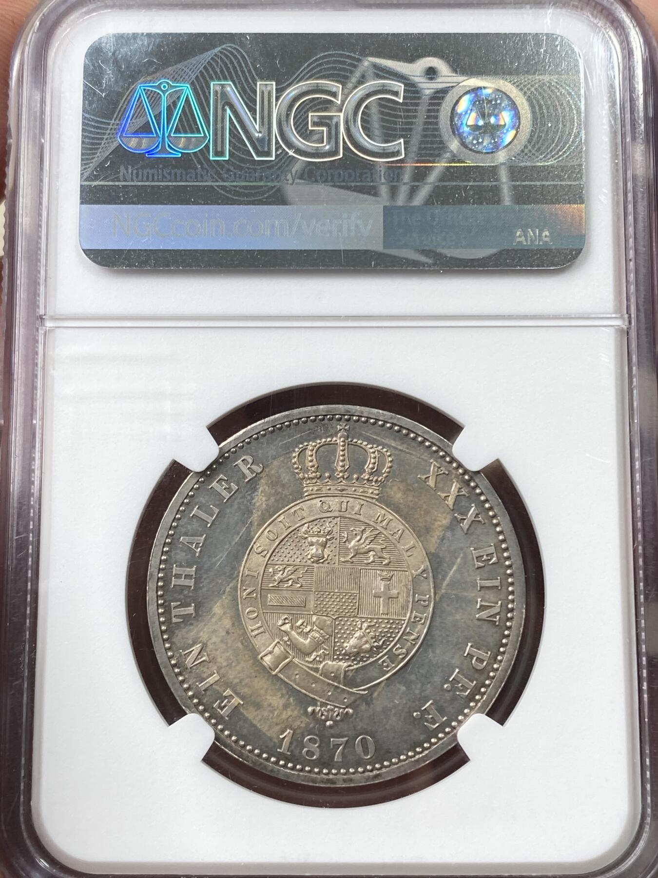 万国钱币拍卖第058期（万国新年大拍） NGC PF64 1870年德国梅克伦堡-施特雷利茨精制泰勒 罕见小邦精制品种 极具特色的纹章设计 原味入骨香槟色五彩环绕 顶级收藏品质