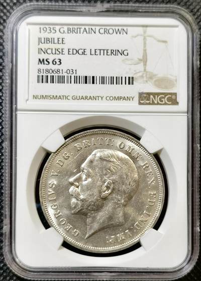 甄臻铺-世界币章拍卖（第45期）精品场拍品征集中，送拍享返佣金等优惠多多 - NGC-MS63 英国1935年乔治五世1克朗木马剑银币，光度不错，状态也好