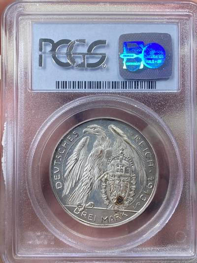 万国钱币拍卖第058期（万国新年大拍） PCGS MS64 1913普鲁士威廉二世3马克铜镀银样币 卡尔哥茨作品 经典设计 原味镜面高浮雕质感 PC老盒典藏级状态