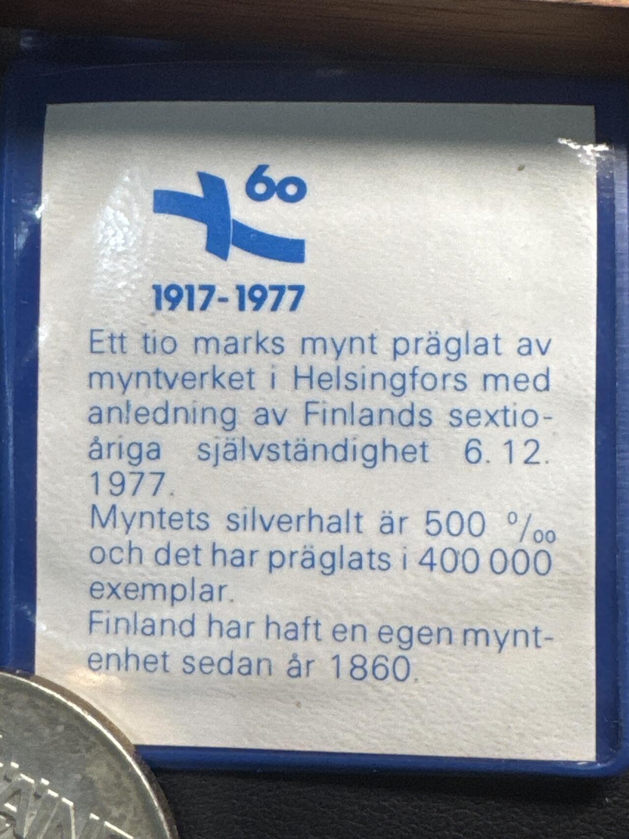 ❤️【币观天下】❤️ 第336期钱币拍卖- 2025.12.26周五晚上6点半场-长期征集拍品 稀少 芬兰早期原包装带证书1977年芬兰独立60周年纪念银币21.78克