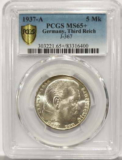博洋堂世界钱币拍卖第154期（全场包邮） - PCGS MS65+ 德国第三帝国1937年A版兴登堡带字5马克银币，顶级状态，仅有1枚更高分