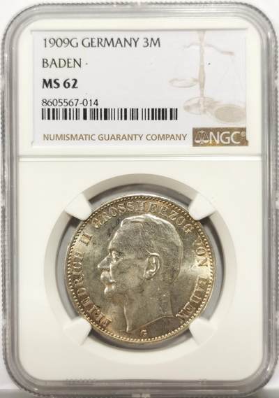 博洋堂世界钱币拍卖第154期（全场包邮） - NGC MS62 德国巴登1909年3马克银币，少见品种，原汁原味淡彩老包浆，包浆醇厚，状态极佳。