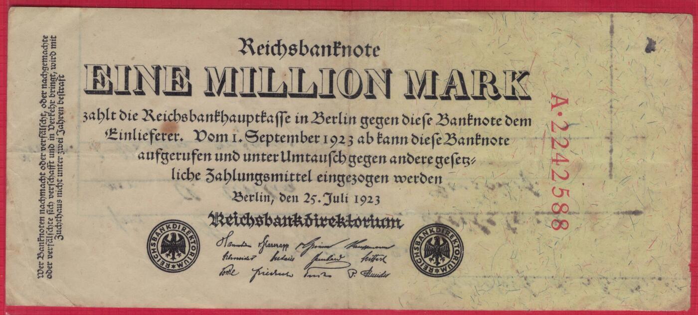 德国1923年1000000马克(100万马克) P-34 A冠 88双尾 实物图 八五品 