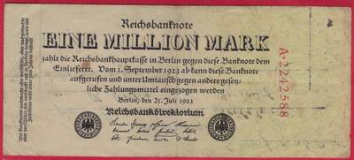 德国1923年1000000马克(100万马克) P-34 A冠 88双尾 实物图 八五品  - 德国1923年1000000马克(100万马克) P-34 A冠 88双尾 实物图 八五品 