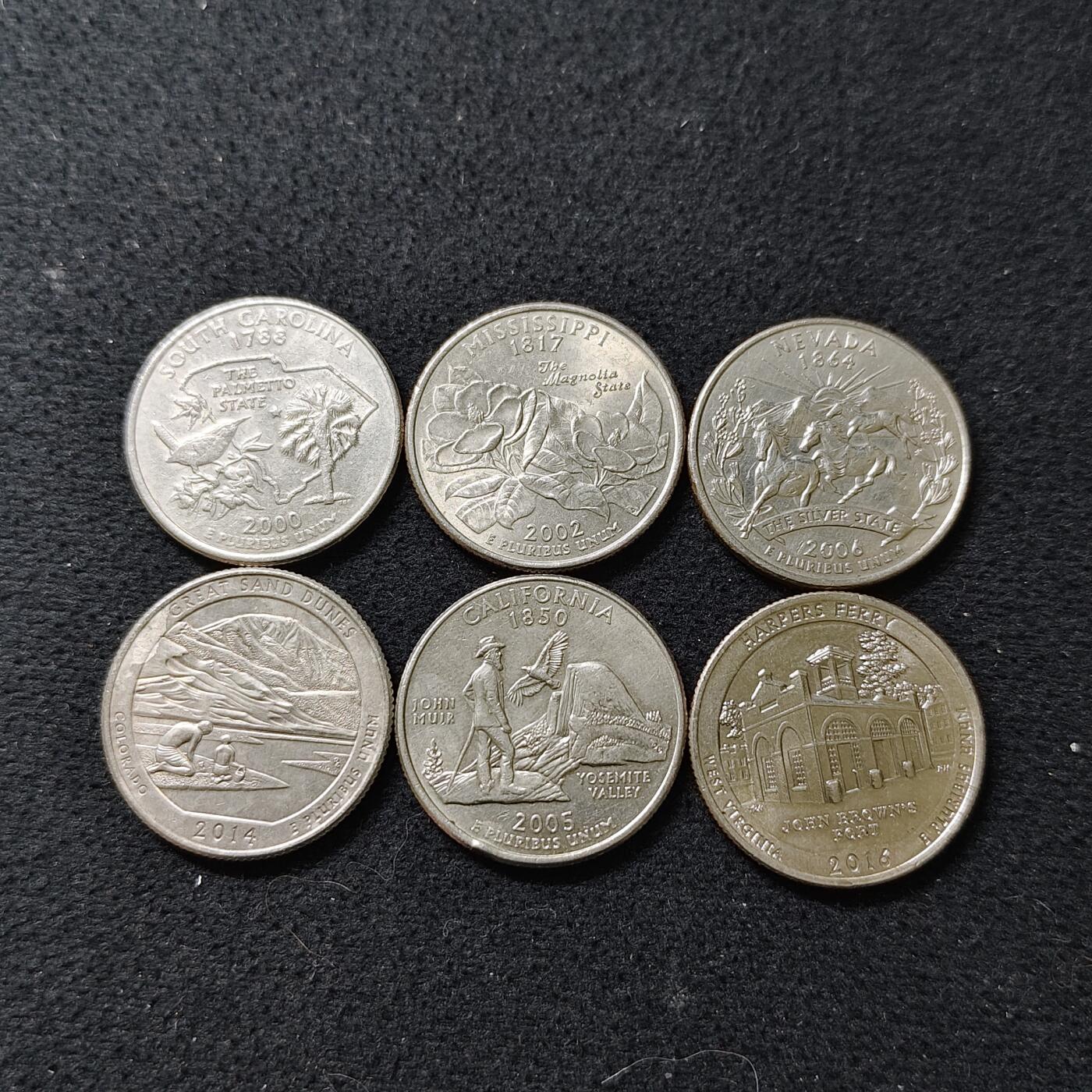 【全场包邮】纯粹捡漏拍488场（免费代拍第25场） 美国各年份25分纪念币6枚一组-含4枚州币+2枚公园币