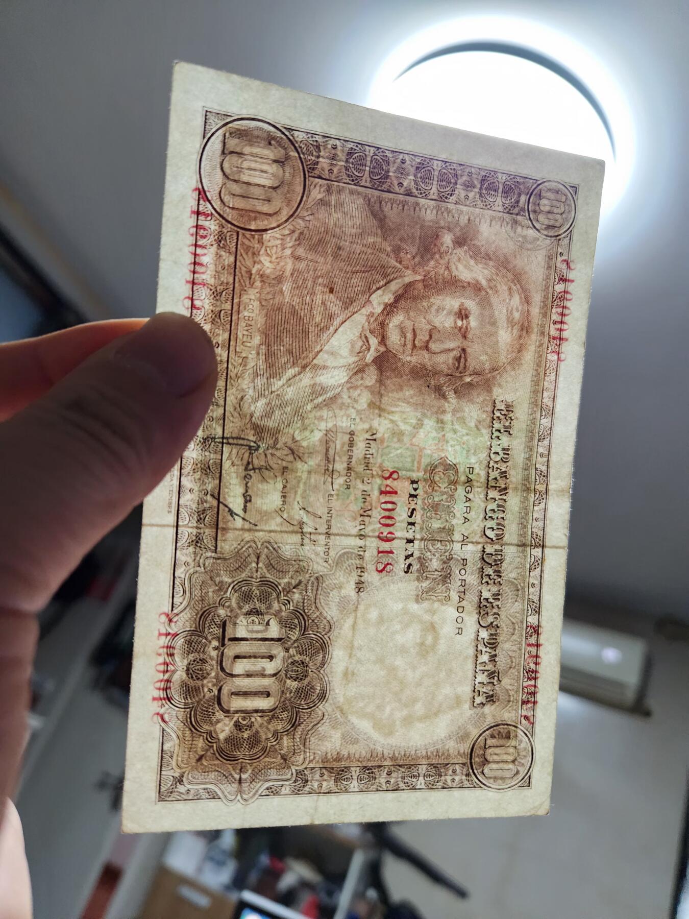 12月24号晚上8点 外国纸币自动截拍第76场 西班牙1948年版100比塞塔 纸币 美品