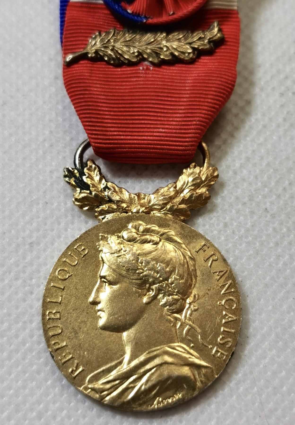 甄臻铺-世界币章拍卖（第45期）精品场拍品征集中，送拍享返佣金等优惠多多 法国金级劳工荣誉奖章 纯银镀金 金棕榈勋饰 14.8克 950银 社会安全部版