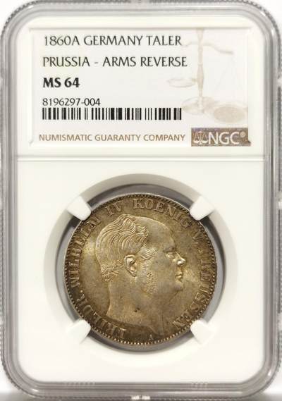 博洋堂世界钱币拍卖第154期（全场包邮） - NGC MS64 德国普鲁士1860年威廉四世离冠1泰勒银币，极美包浆