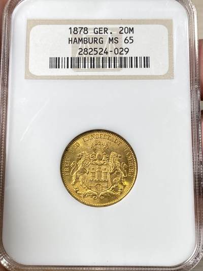 万国钱币拍卖第058期（万国新年大拍） - NGC MS65 1878年德国汉堡自由市流通短翅20马克金币 经典汉堡自由市早期双狮短翅 无论光度还是底板都无可挑剔的近GEM品质  NGC老白盒典藏级 7.96g 900金