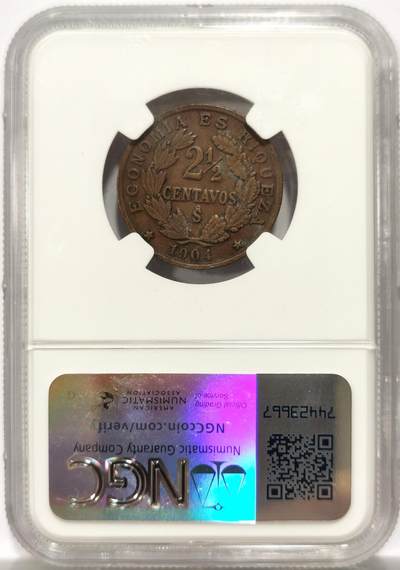博洋堂世界钱币拍卖第154期（全场包邮） NGC XF45BN 智利1904年2.5分铜币，稀见品种