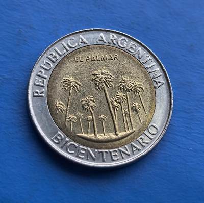 外国优质老铜币高银银币，周六九点倒数截拍，满百包邮，持续收拍 - 阿根廷独立战争 200 周年（1810 - 2010）纪念币。双金属工艺（内铝青铜、外铜镍），正面 “EL PALMAR” 棕榈林映本土生态，背面纪年与 “团结与自由” 标语凝萃建国精神。承载拉美独立史记忆，设计融合自然与人文符号，是解码阿根廷百年脉络的亲民藏品 。