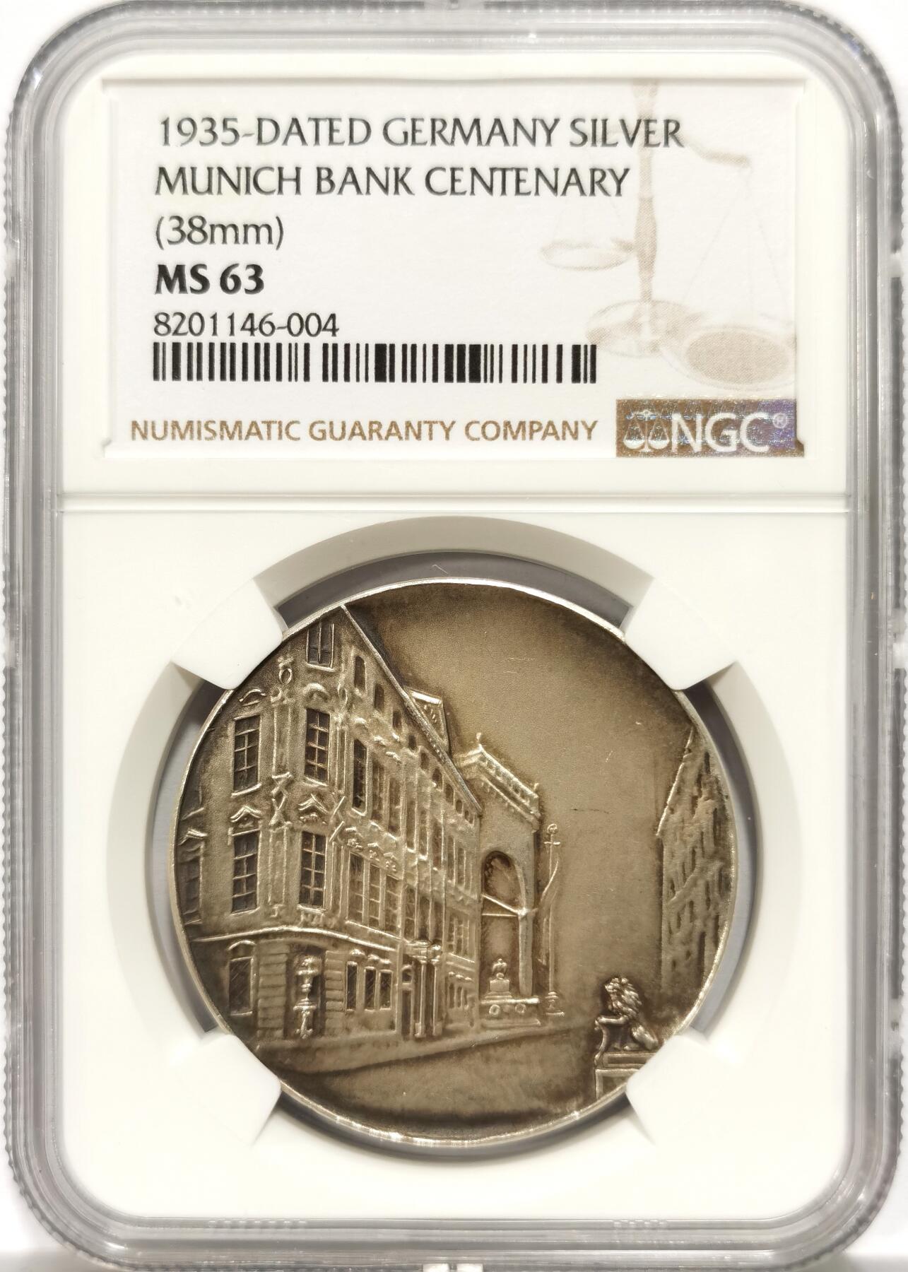 博洋堂世界钱币拍卖第154期（全场包邮） NGC MS63 冠军分！德国1935年慕尼黑银行纪念大银章，高分极少！慕尼黑银行是二战期间接管犹太人资产的最大国家属性银行。该银章具有较高的历史意义。