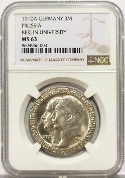 博洋堂世界钱币拍卖第154期（全场包邮） - NGC MS63 德国普鲁士王国1910年柏林大学建成一百周年3马克银币，原汁原味，银光闪闪，币面清爽干净又舒适，转光强烈细节优秀，状态极佳。状态和品质秒杀大部分MS64。