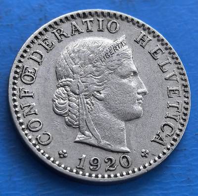 外国优质老铜币高银银币，周六九点倒数截拍，满百包邮，持续收拍 - 瑞士1920 年 20 分，正面海尔维蒂女神，背饰繁花环，银质包浆，瑞士联邦经典形制，藏欧洲中立国货币韵味 。