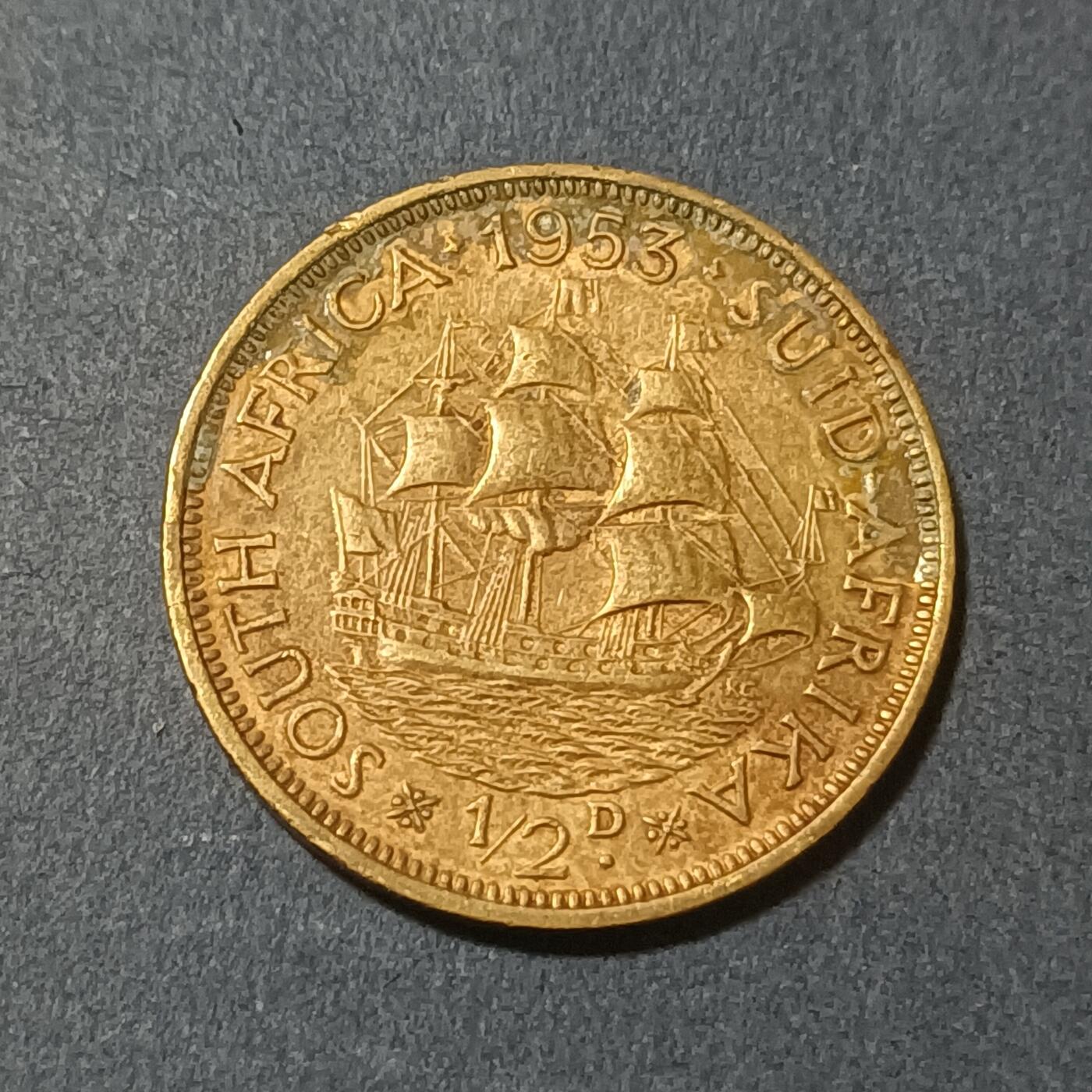 【游宝包邮场】蛇年第102期 英系国家硬币 南非-1/2便士 1953年
