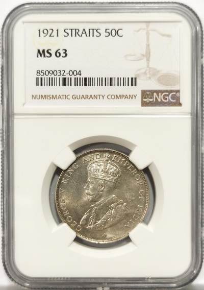 博洋堂世界钱币拍卖第154期（全场包邮） - NGC MS63 海峡殖民地1921年乔治五世半圆银币