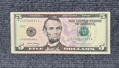 2017A年版美国5美元纸币 林肯头像 全新未流通（年份号、双喜号） - 2017A年版美国5美元纸币 林肯头像 全新未流通（年份号、双喜号）