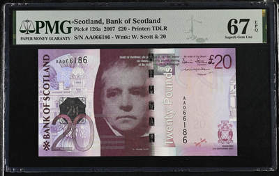 【礼羽收藏】🌏世界钱币拍卖第117期 - 【首发倒置】苏格兰2007年 20镑 AA首发倒置尾6 PMG67高分