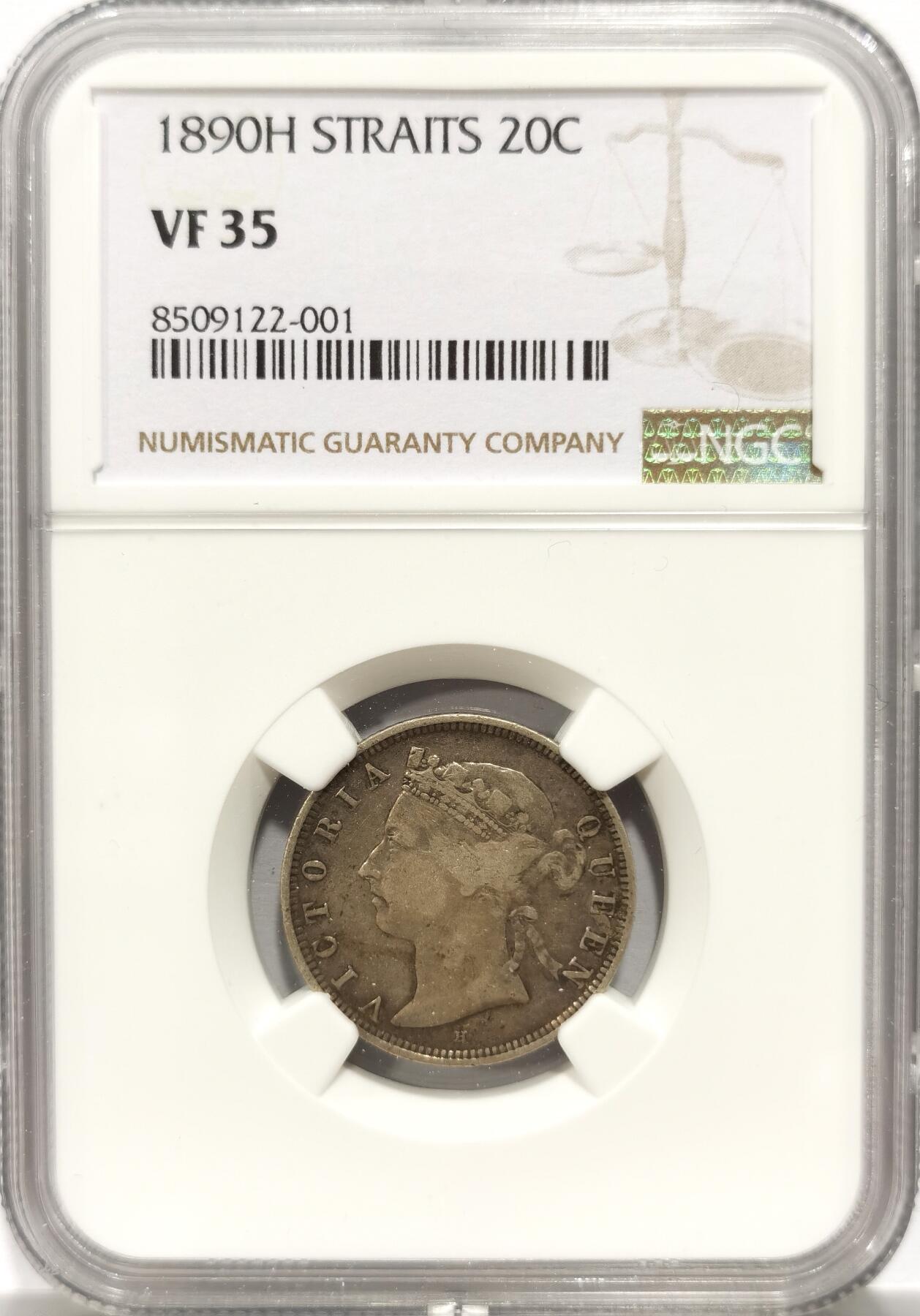 博洋堂世界钱币拍卖第154期（全场包邮） NGC VF35 海峡殖民地1890H维多利亚20分银币，原汁原味