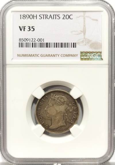 博洋堂世界钱币拍卖第154期（全场包邮） - NGC VF35 海峡殖民地1890H维多利亚20分银币，原汁原味