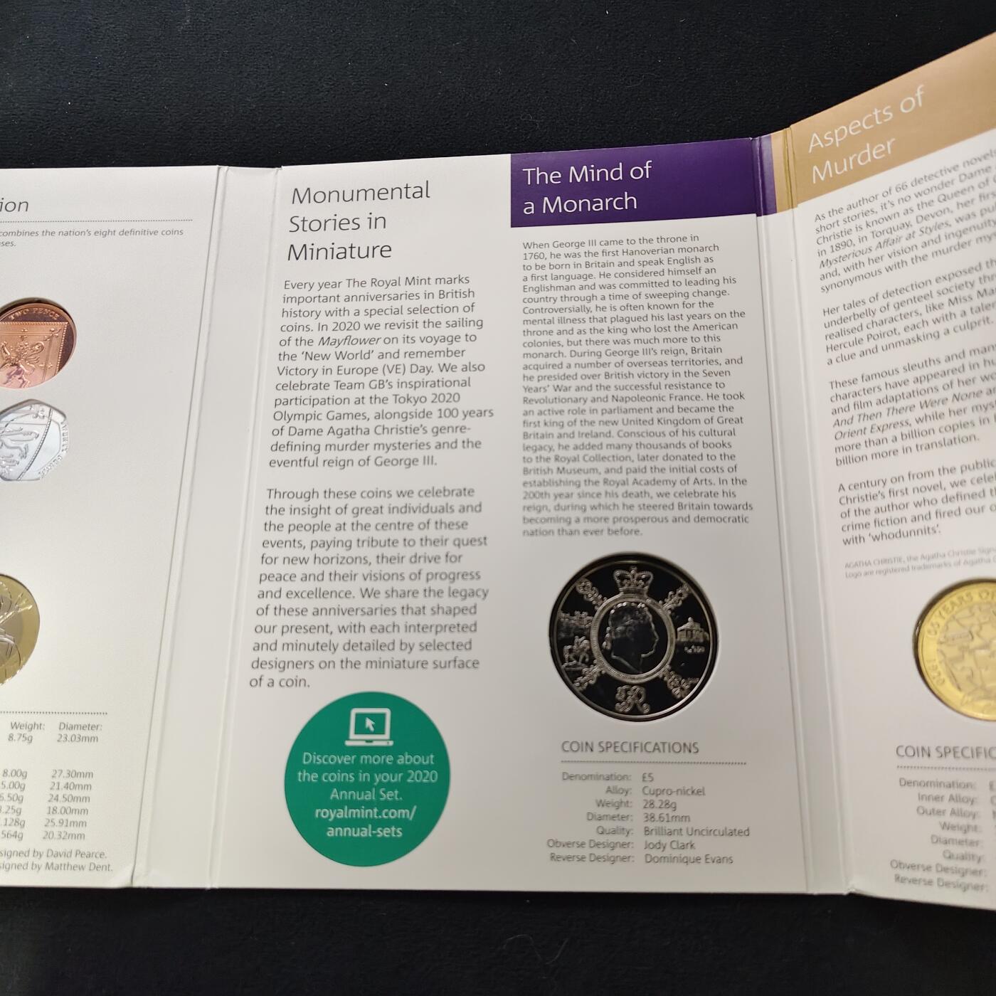【全场包邮】纯粹捡漏拍489场（免费代拍第26场） 英国2020年官方封装套币-含盾徽版套币+5镑乔治三世逝世200周年+2镑欧洲胜利日75周年+2镑阿加莎·克里斯蒂女士第一部小说100周年+2镑五月花号400周年+50便士东京奥运会英国代表队5枚纪念币