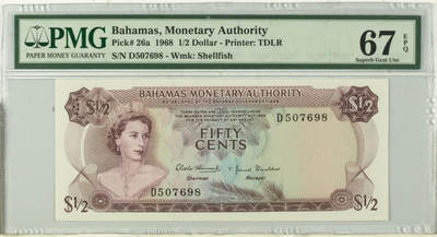 【礼羽收藏】🌏世界钱币拍卖第118期 - 巴哈马1/2元 1968年 乱龙号 PMG67