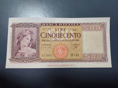 12月24号晚上8点 外国纸币自动截拍第76场 - 1947年意大利500里拉，谷神 极美品