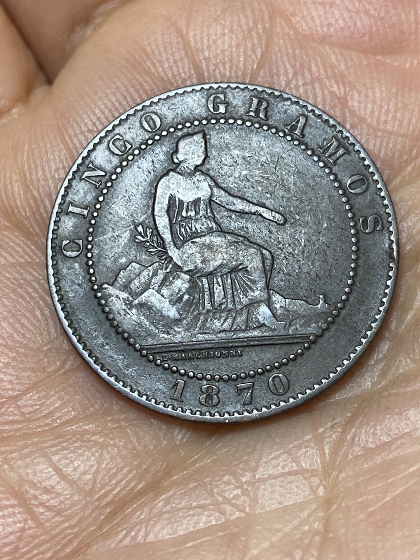 2025年第一百四十场(总第一百六十六场）外国好品散币场(免佣金) 西班牙1870年5分(临时政府时期)