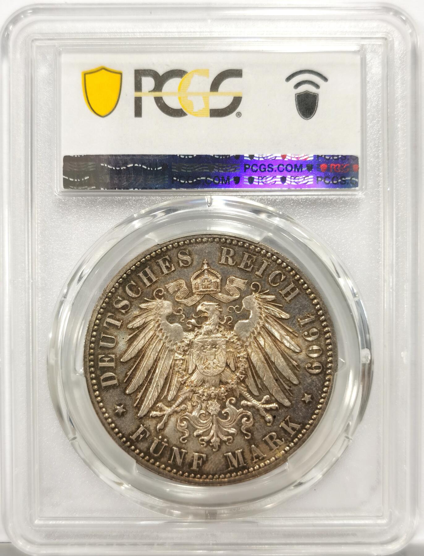 博洋堂世界钱币拍卖第154期（全场包邮） PCGS MS66+ 德国萨克森1909年莱比锡大学纪念5马克银币，超高分，炫彩，类似PL的镜面底板，状态太好了！